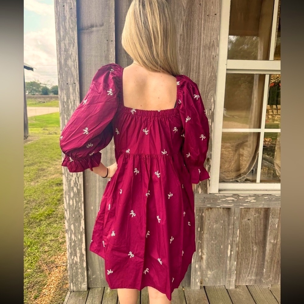 She + Sky- 3/4 SLEEVE BOW EMBROIDERY WOVEN TIERED DRESS WITH POCKETS - Picture 5 of 5